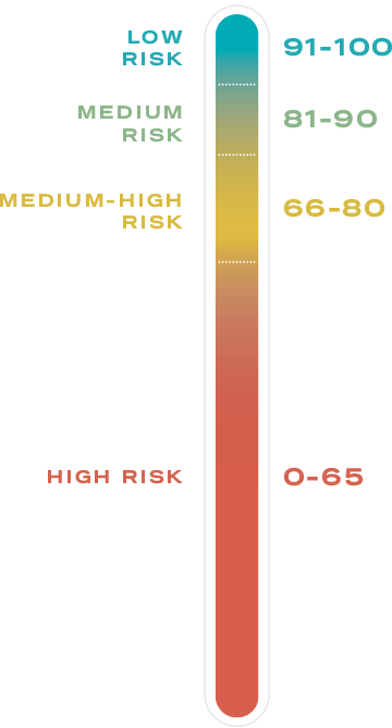 PGI Score thermometer; a score of 91-100 is low risk, a score of 81-90 is medium risk, a score of 66-80 is medium-high rosk, a score of 0-65 is high risk.